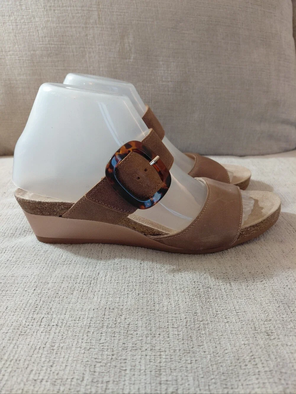Naot Taupe Suede Wedge Sandals with Tortoise Buckle Size 8